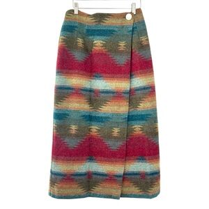 Express Vintage 90s Wool Blend Wrap Front Aztec Midi Skirt Size 10 Western Boho